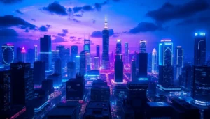 Technology-driven futuristic cityscape at night with glowing neon lights and advanced architecture.