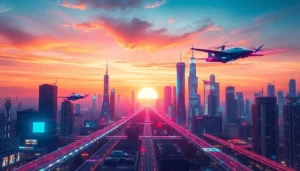 Showcasing technology, a vibrant futuristic city skyline with advanced innovations and flying vehicles.