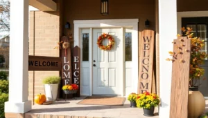 Elegant wooden welcome signs greeting guests at a cozy front porch, enhancing curb appeal and warmth.