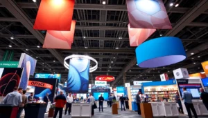 Tradeshow displays showcasing a variety of attention-grabbing booths, banners, and backdrops at a busy convention, emphasizing professional design and customization options for maximum impact.