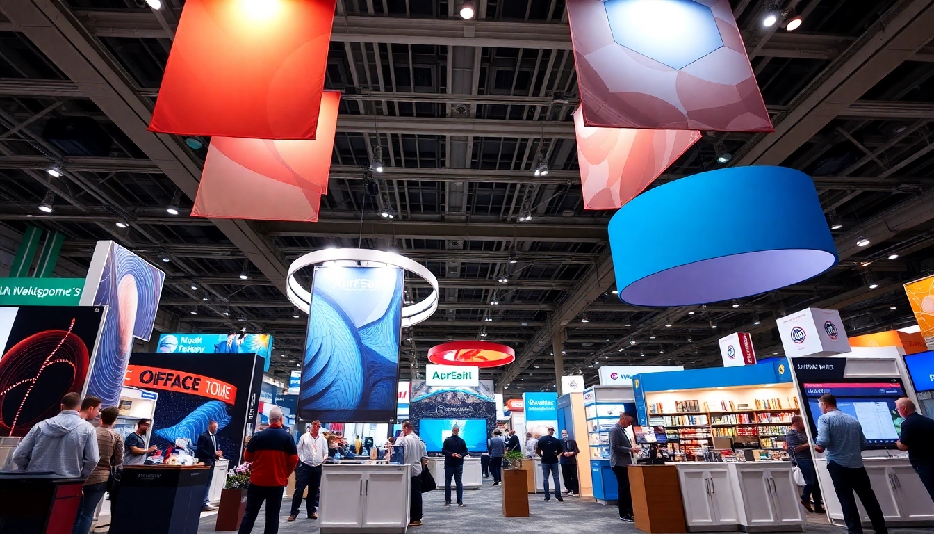 Tradeshow displays showcasing a variety of attention-grabbing booths, banners, and backdrops at a busy convention, emphasizing professional design and customization options for maximum impact.