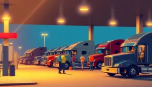 Truckers filling up at a busy fuel station with a welcoming truck stop atmosphere, emphasizing community and industry dedication.