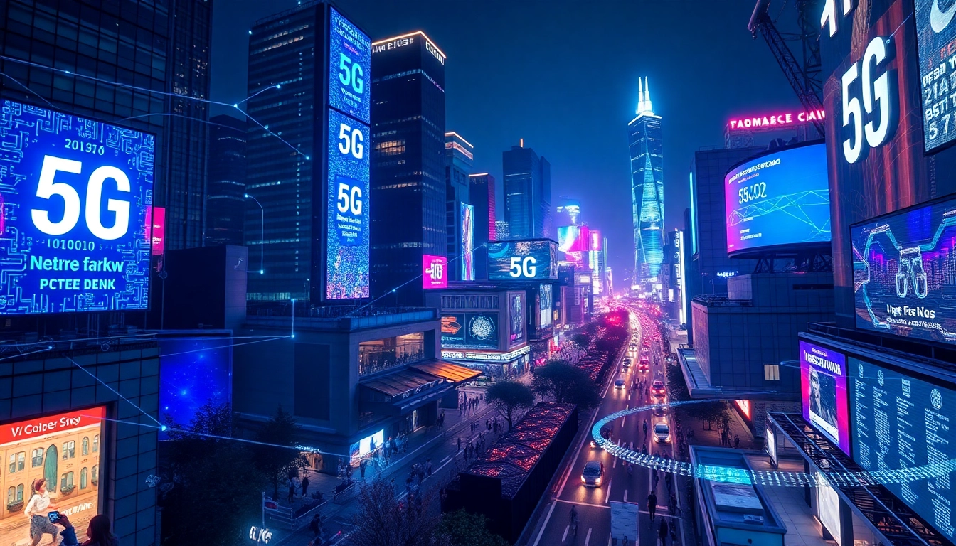 一個高科技城市的夜景,展示活躍的5G網絡連接和閃爍的數據流,展現現代科技的氛圍。