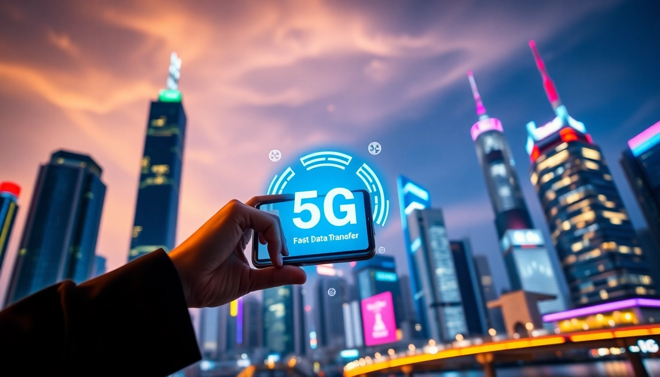 香港繁忙城市背景,展示一名年輕專業人士手持手機,屏幕顯示5G信號,背景有高樓大廈和科技元素,象徵高速連接與科技未來。