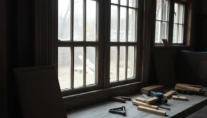Sash window restoration process with a craftsman repairing a wooden sash window in a bright workshop.
