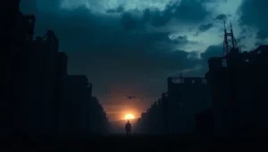 Бесплатный просмотр 1 сезона сериала "Одни из нас" с ярким постапокалиптическим фоном, погружая в сюжет, где показывается главный герой в опасной ситуации.