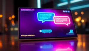 Close-up of a futuristic digital device screen displaying vibrant AI chat bubbles in a dark, moody setting.