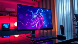 Futuristic AI interface with holographic character on a modern computer screen in a dimly lit room.