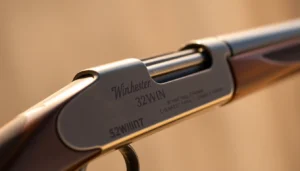 The 32WIN cartridge with a classic Winchester rifle emphasizes firearm craftsmanship and historical value, ideal for collectors and hunters.