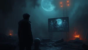 смотреть бесплатно одни из нас 1 сезон смотреть — главный герой смотрит сериал на ноутбуке в постапокалиптическом мире, изображение в реалистическом стиле, создающее атмосферу напряжения и приключений