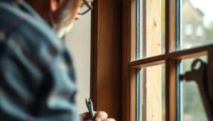 Sash window restoration process showing a craftsman repairing a historic timber sash window, highlighting craftsmanship and traditional techniques.