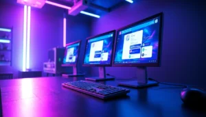 Futuristic computer setup with vibrant neon-lit screens showcasing AI chat interfaces in a dimly lit room.