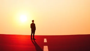 Persona affrontare un cambiamento con sicurezza, simbolo di crescita personale e rinnovamento.