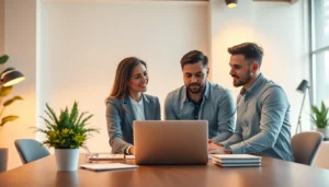 Business loan application process with confident entrepreneurs reviewing financial documents in a professional setting.