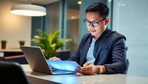 A Filipino business owner applying for a business loan online with confidence and ease, showcasing financial growth.