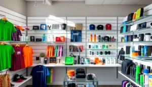 High-quality promotional products in Louisville displayed on shelves, showcasing vibrant branded items for local businesses and events.