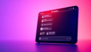 A futuristic AI chat interface with animated avatars and a warm color palette.