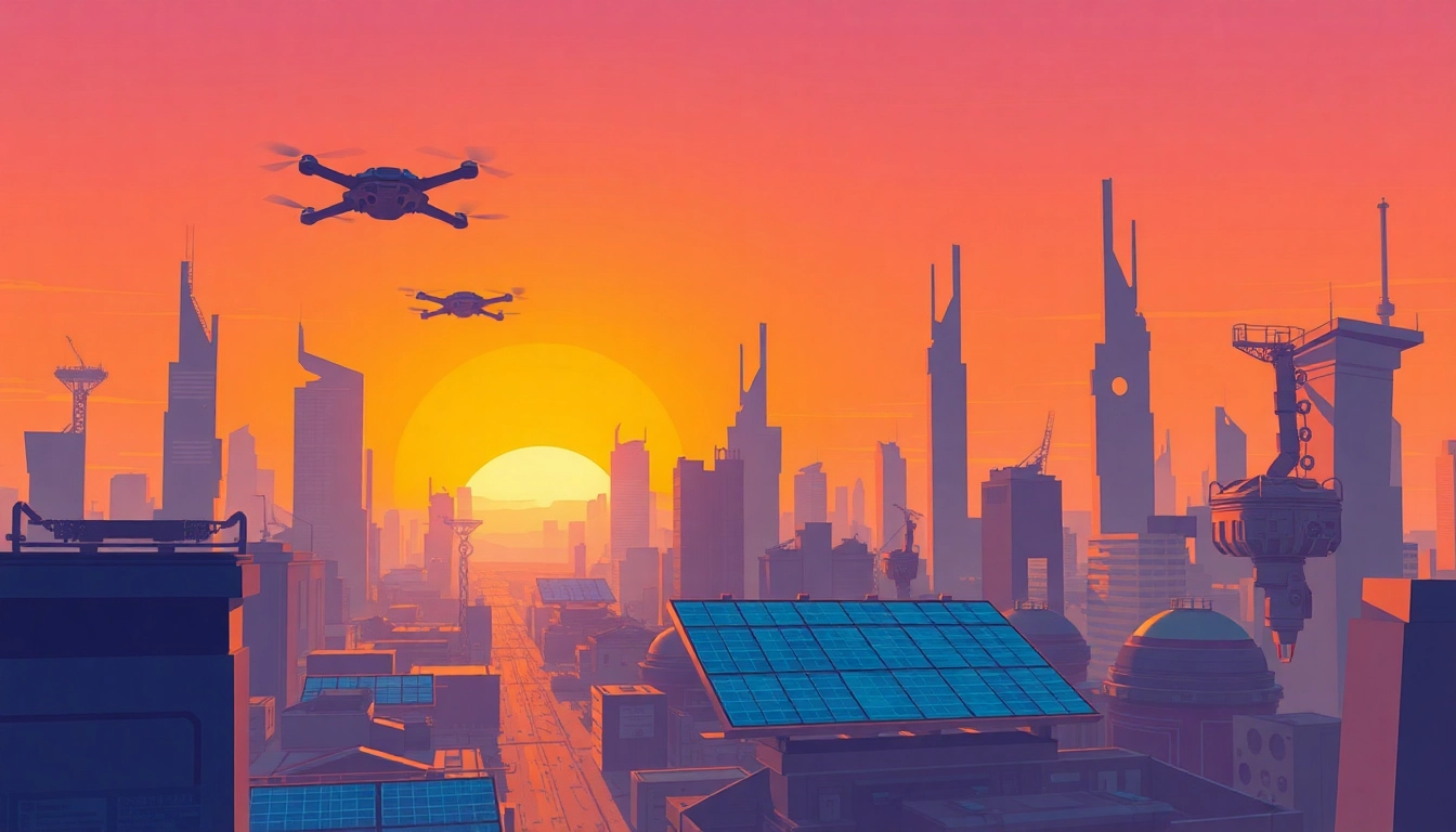 Showcase advanced technology in a vibrant futuristic cityscape during sunset.