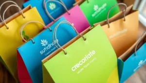 Zestaw torebek papierowych Lublin z nadrukiem, podkreślający ekologiczne opakowania i wysoką jakość