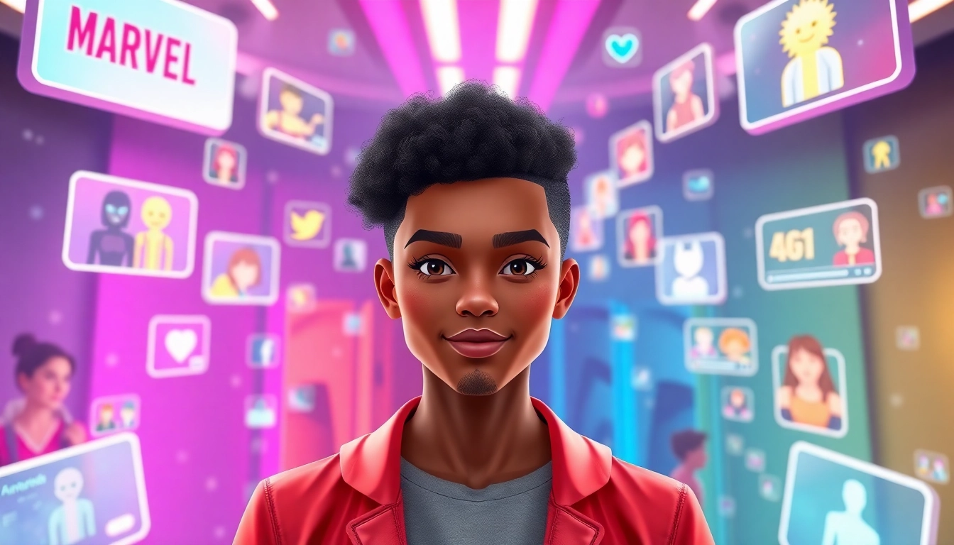 A colorful digital illustration of a virtual social media world with a central avatar surrounded by fandom icons and AI interactions.