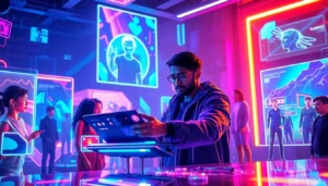 Futuristic digital social media environment with AI characters and holographic interfaces