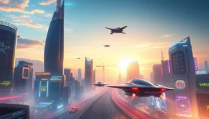 Showcase advanced technology in a futuristic cityscape featuring flying vehicles and vibrant lights.