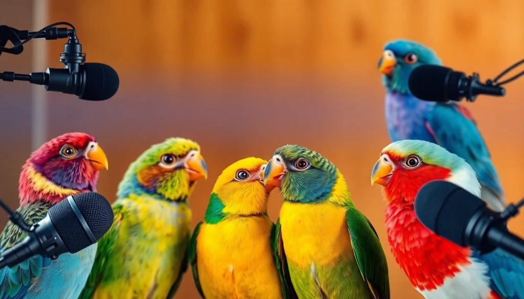 Bird Talk Radio hosts hosting lively bird conversations with microphones and natural backgrounds.
