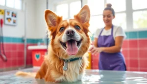 Dog wash near me, showcasing a joyful dog enjoying a bath in a bright and clean pet grooming facility.
