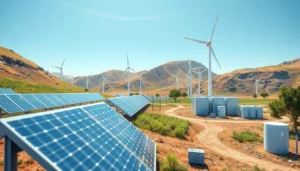 Renewable energy sources like solar panels and wind turbines powering a sustainable future, emphasizing eco-friendly systems for a cleaner environment.