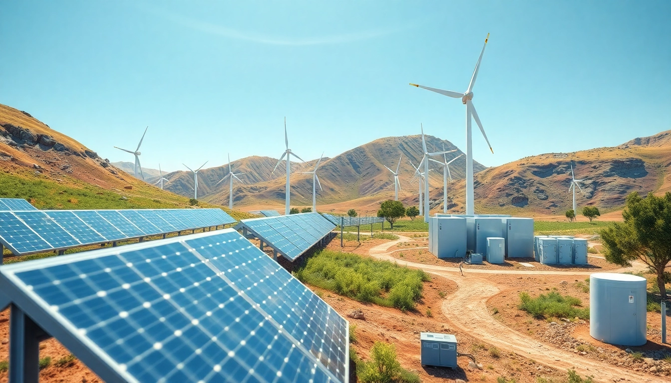 Renewable energy sources like solar panels and wind turbines powering a sustainable future, emphasizing eco-friendly systems for a cleaner environment.