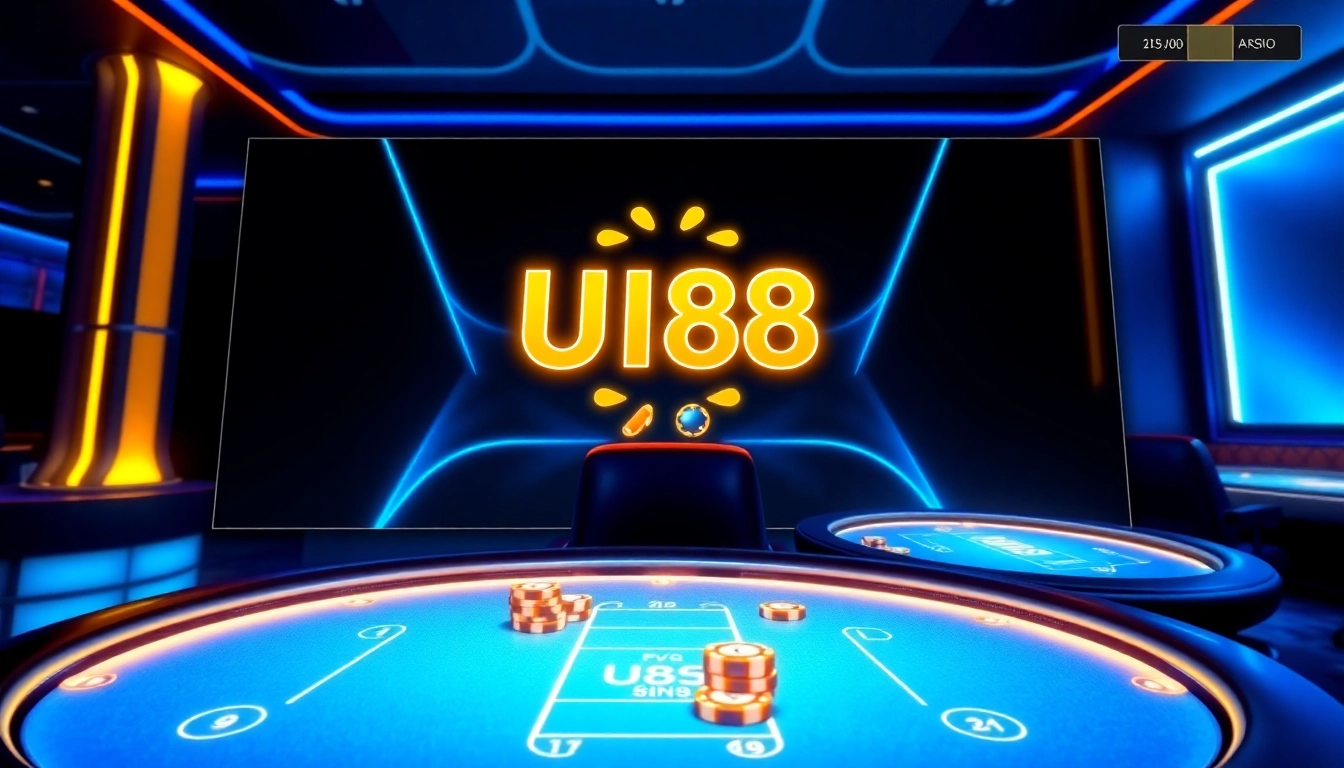Engaging visualization of UU88 online casino platform showcasing gaming tables and neon branding, attracting players with vibrant visuals