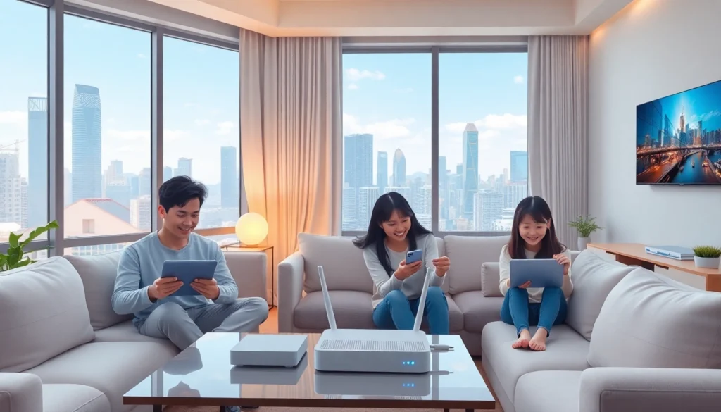 香港家庭在家中使用高速寬頻上網的場景，展現現代化的客廳內，家庭成員享受穩定快速的網絡連接，背景為都市天際線和寬敞明亮的室內空間。