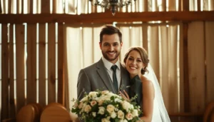 Photographe mariages capturing a joyful couple in a natural, candid moment with warm lighting.