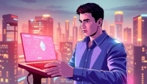 Engaging scene showing a user staking ethereum securely on a transparent DeFi platform for passive income growth