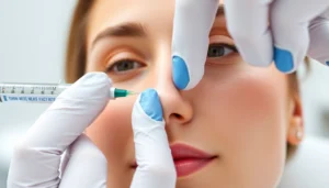 Eine erfahrene Ärztin führt eine Botox Behandlung durch, um Falten zu glätten, mit Fokus auf Präzision und Fachkenntnis.