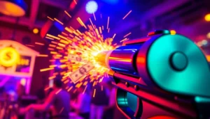 Cashgun in action shooting dollar bills at a lively party, capturing fun and excitement with vibrant colors.