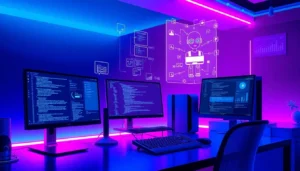 Futuristic workspace with AI chatbot interaction and holographic data projections.