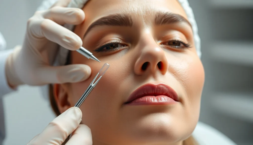 Expert performing Fadenlifting Zürich procedure with precision in a clean, modern clinic for natural facial rejuvenation.
