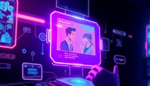 Futuristic AI chat interface with vibrant holograms and expressive character avatars in a dark, immersive setting.