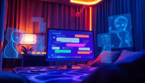 Futuristic AI chat interface with animated characters and holographic visuals in a high-tech environment.