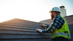 Experienced roofer repairing a roof with safety harness and tools, inspecting shingles for damage, ensuring quality and durability.