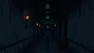 Уэнсдей в готическом стиле с мрачным взглядом, окружающая тёмная академия, атмосферное освещение, загадочный образ — яркое изображение сериала.