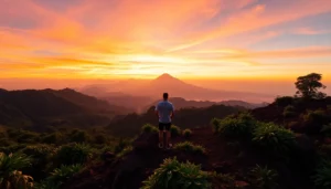 Hiker overlooking Mount Rinjani's sunrise from the crater rim, surrounded by lush greenery and volcanic landscape.