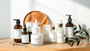 Arvea skincare products origin of natural beauty, clean design with lush green accents, appealing to health-conscious consumers