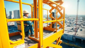 Reliable scissor lift rental for construction projects with a worker using an electric lift on site