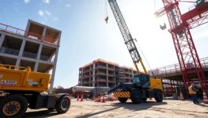 Construction equipment rental offers modern machinery on active site for efficient building projects.