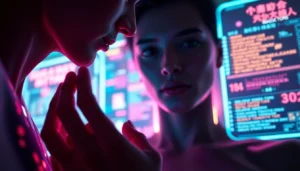 Futuristic AI interface with a human interacting in a glowing digital environment