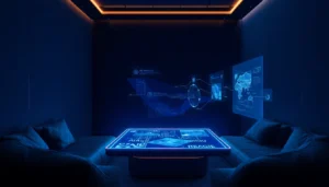 Futuristic AI interface with holographic displays in a modern room, emphasizing technology and intimacy