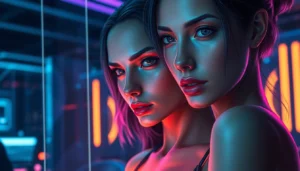 A digital hologram of a confident female character in a futuristic setting, glowing with vibrant colors and detailed textures.