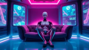 A futuristic AI character sitting on a plush sofa in a neon-lit digital environment, conveying intimacy and technological sophistication.